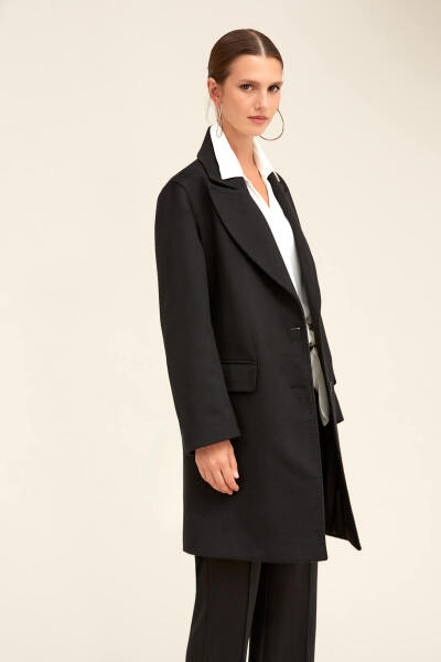 Saykı Woman Siyah Regular Fit Ceket Yaka Kaşe Oversize Manto - 7