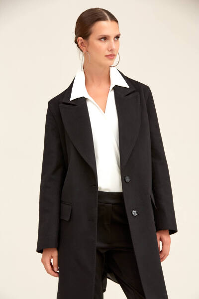 Saykı Woman Siyah Regular Fit Ceket Yaka Kaşe Oversize Manto - 8