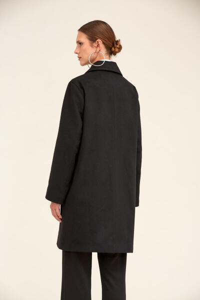 Saykı Woman Siyah Regular Fit Ceket Yaka Kaşe Oversize Manto - 12