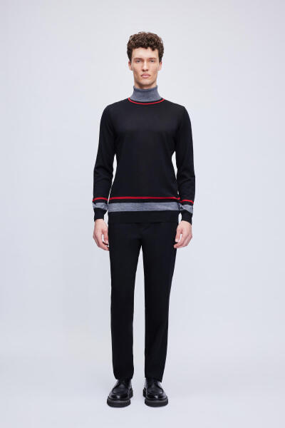 Siyah Regular Fit Çizgili Balıkçı Yaka Yünlü Triko Kazak - 2