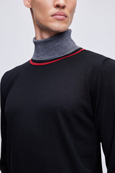 Siyah Regular Fit Çizgili Balıkçı Yaka Yünlü Triko Kazak - 4