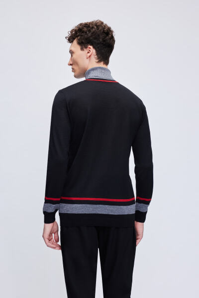 Siyah Regular Fit Çizgili Balıkçı Yaka Yünlü Triko Kazak - 5