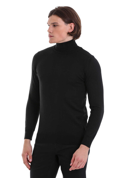 Siyah Regular Fit Desenli Balıkçı Yaka Yünlü Triko Kazak - 3