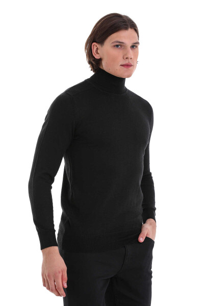 Siyah Regular Fit Desenli Balıkçı Yaka Yünlü Triko Kazak - 4