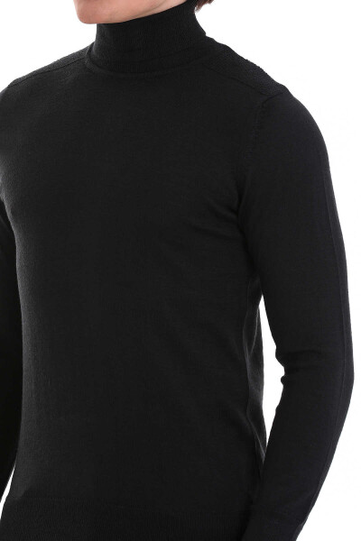 Siyah Regular Fit Desenli Balıkçı Yaka Yünlü Triko Kazak - 5