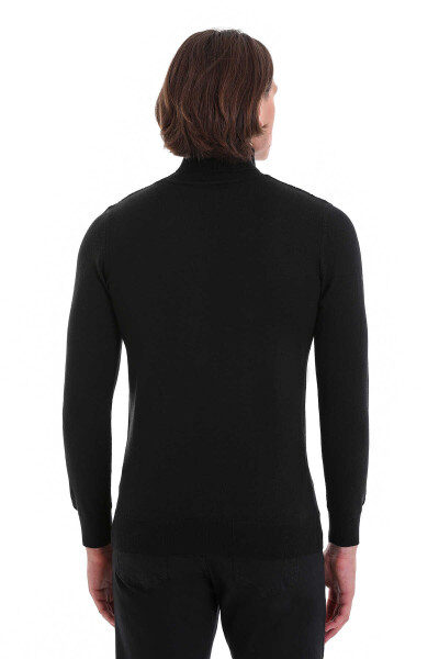 Siyah Regular Fit Desenli Balıkçı Yaka Yünlü Triko Kazak - 6