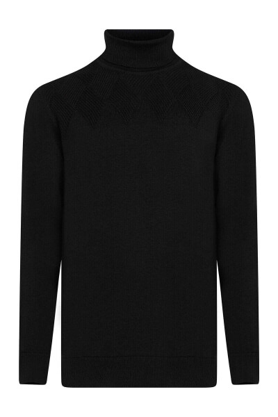 Siyah Regular Fit Desenli Pamuklu Balıkçı Yaka Triko Kazak - 5