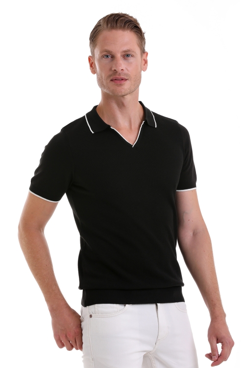 Hatem Saykı - Siyah Regular Fit Desenli Pamuklu Polo Yaka Casual Tişört