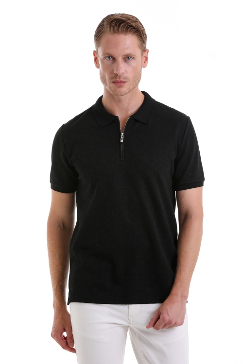 HTML - Siyah Regular Fit Desenli Pamuklu Polo Yaka Tişört