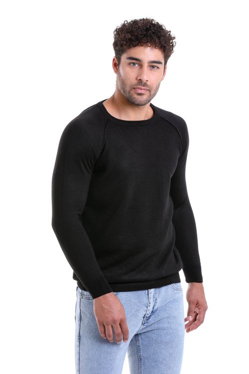 Siyah Regular Fit Bisiklet Yaka Yünlü Triko Kazak - Hatemoğlu