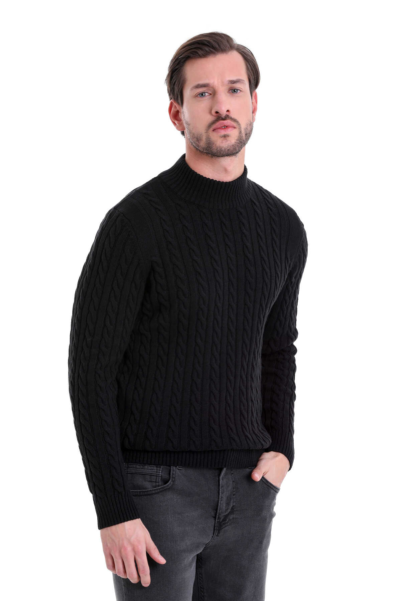 Siyah Comfort Fit Desenli Pamuklu Yarım Balıkçı Yaka Triko Kazak - HTML