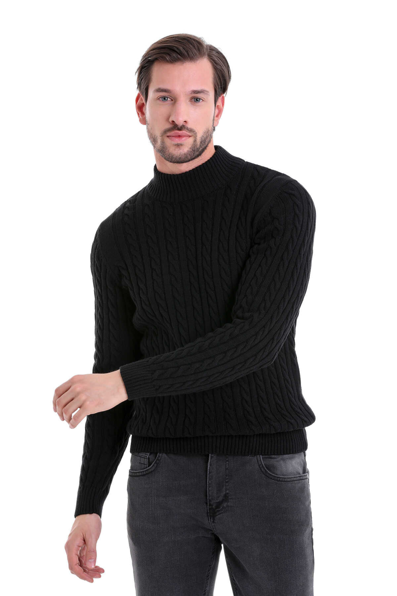 Siyah Comfort Fit Desenli Pamuklu Yarım Balıkçı Yaka Triko Kazak - HTML (1)