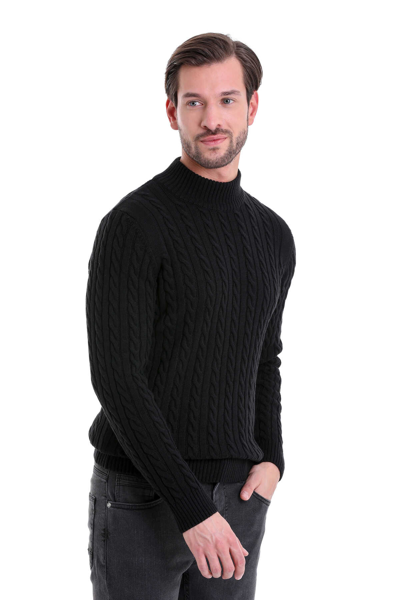 Siyah Comfort Fit Desenli Pamuklu Yarım Balıkçı Yaka Triko Kazak - HTML (1)