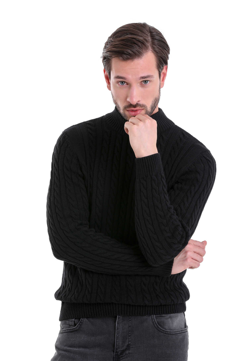 Siyah Comfort Fit Desenli Pamuklu Yarım Balıkçı Yaka Triko Kazak - HTML (1)