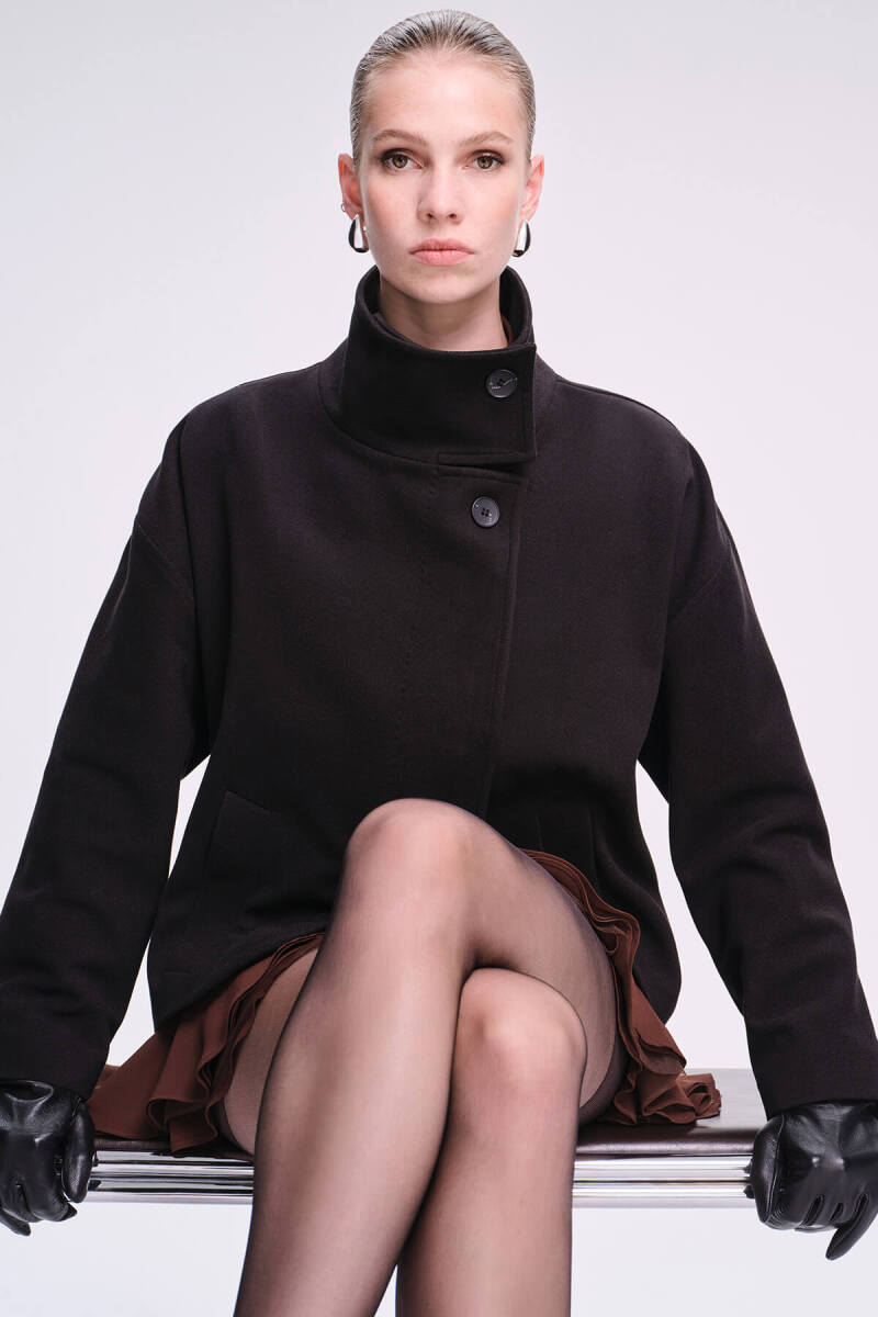 Saykı Woman Siyah Regular Fit Dik Yaka Manto - Saykı Woman