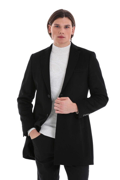 Siyah Regular Fit Ceket Yaka Yünlü Basic Palto 