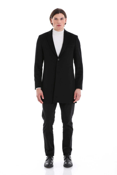 Siyah Regular Fit Ceket Yaka Yünlü Basic Palto - 2