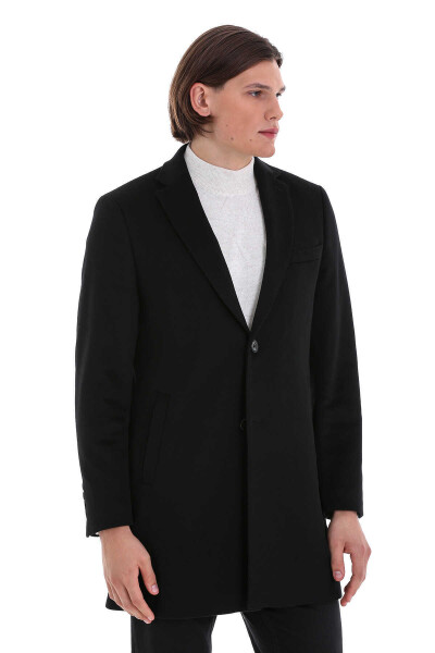 Siyah Regular Fit Ceket Yaka Yünlü Basic Palto - 4
