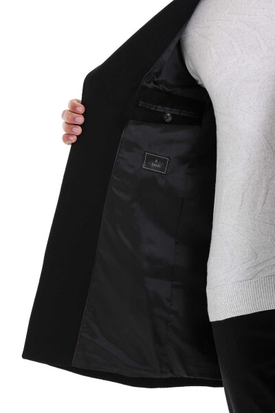 Siyah Regular Fit Ceket Yaka Yünlü Basic Palto - 6