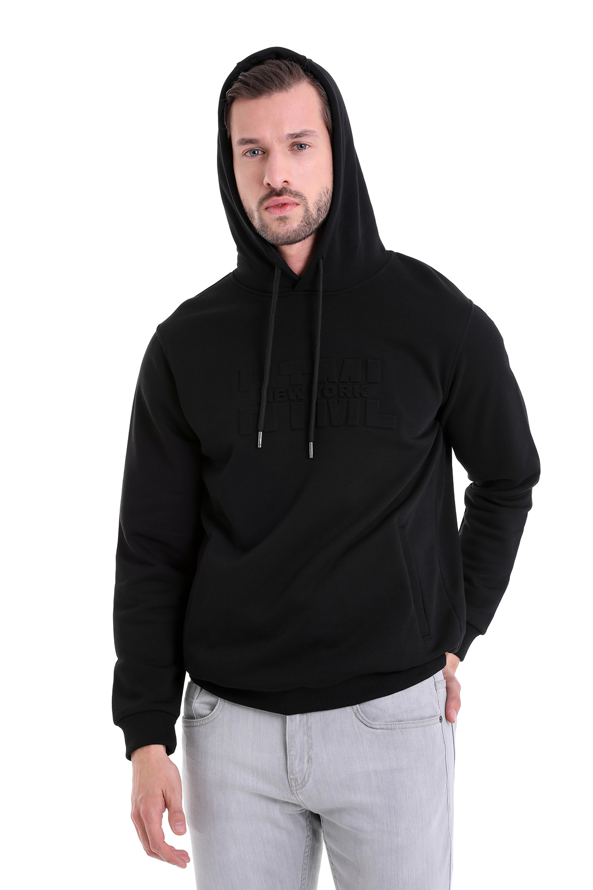 Siyah Regular Fit Düz Kanguru Cep Kapüşonlu Sweatshirt