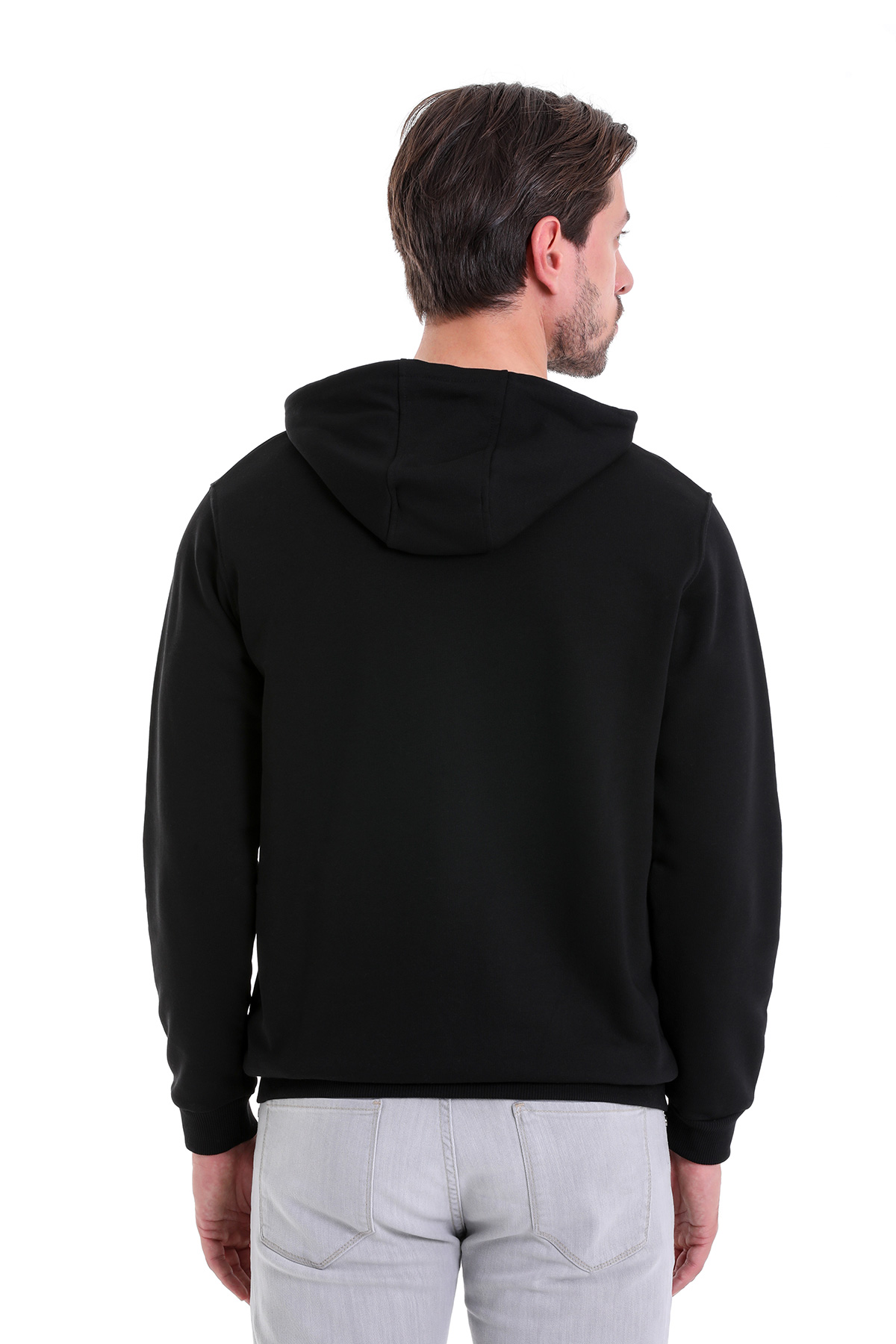 Siyah Regular Fit Düz Kanguru Cep Kapüşonlu Sweatshirt