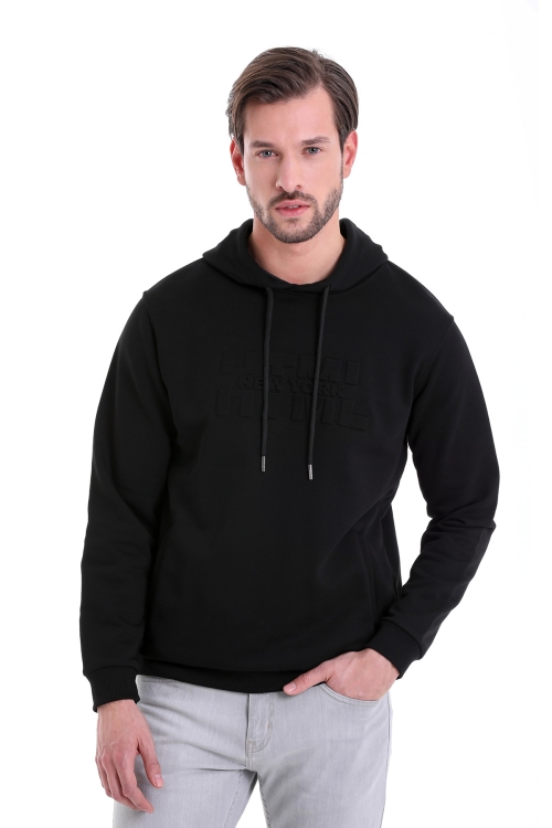 HTML - Siyah Regular Fit Düz Pamuklu Kapüşonlu Kanguru Cepli Sweatshirt