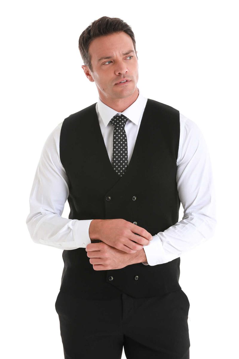 Siyah Regular Fit Kruvaze Triko Yelek - Hatemoğlu (1)