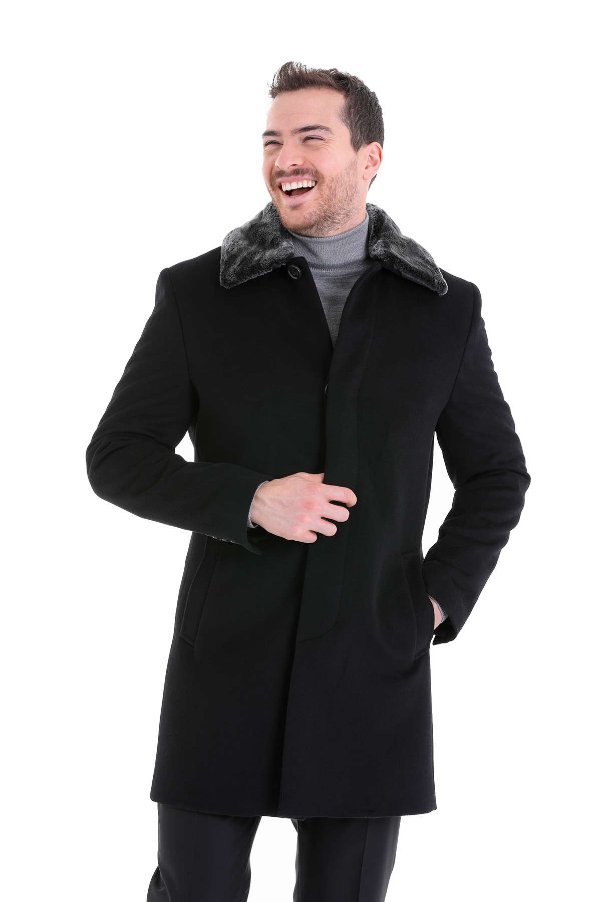 Siyah Slim Fit Düz Bebe Yaka Yünlü Kürklü Kaşe Palto