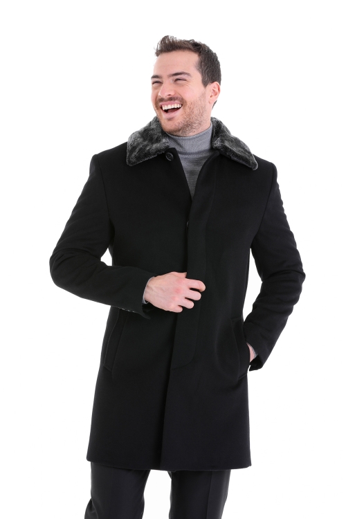 Hatem Saykı - Siyah Slim Fit Düz Bebe Yaka Yünlü Kürklü Kaşe Palto