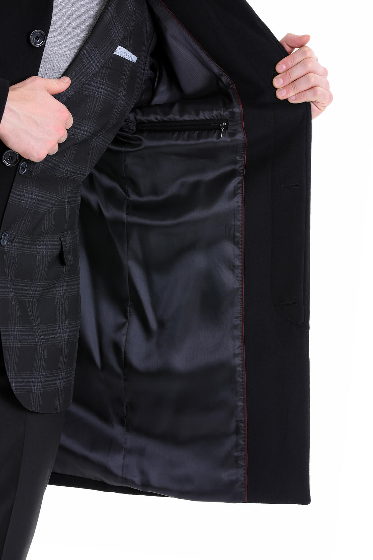 Siyah Slim Fit Düz Bebe Yaka Yünlü Kürklü Kaşe Palto