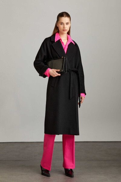 Saykı Woman Siyah Regular Fit Mono Yaka Yünlü Kemerli Basic Kaşe Manto - 2