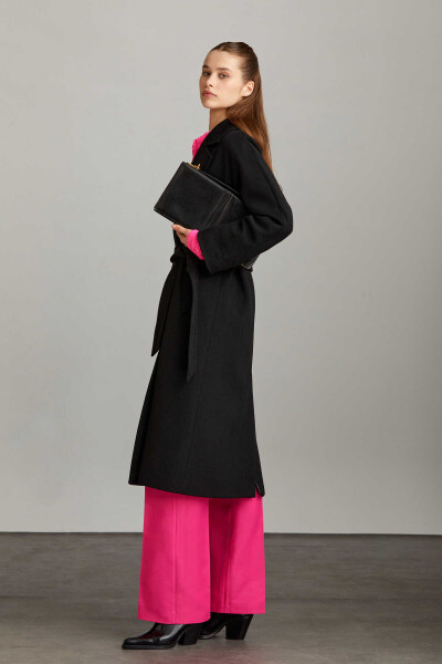 Saykı Woman Siyah Regular Fit Mono Yaka Yünlü Kemerli Basic Kaşe Manto - 6