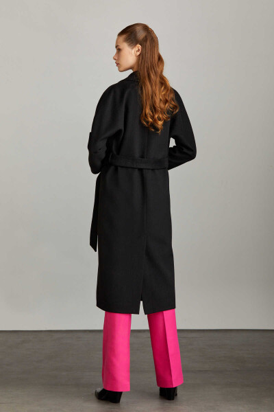 Saykı Woman Siyah Regular Fit Mono Yaka Yünlü Kemerli Basic Kaşe Manto - 7