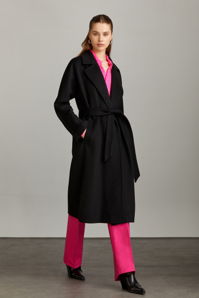 Saykı Woman Siyah Regular Fit Mono Yaka Yünlü Kemerli Basic Kaşe Manto - 8