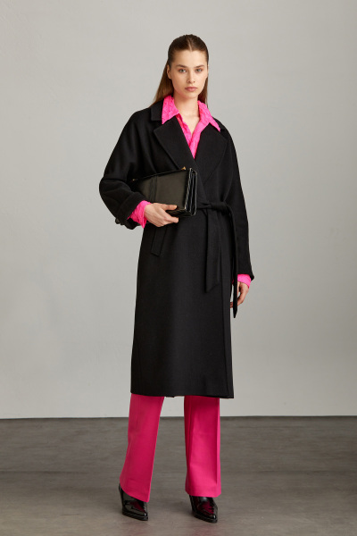 Saykı Woman Siyah Regular Fit Mono Yaka Yünlü Kemerli Basic Kaşe Manto - 9