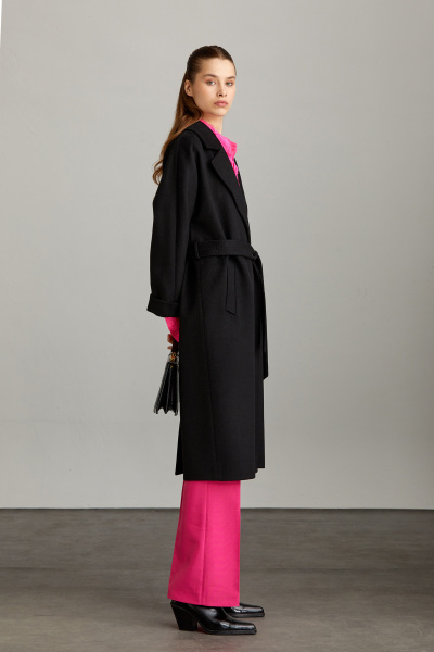 Saykı Woman Siyah Regular Fit Mono Yaka Yünlü Kemerli Basic Kaşe Manto - 11