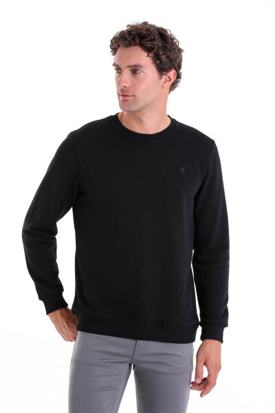 Siyah Regular Fit Düz Pamuklu Bisiklet Yaka Sweatshirt - 3