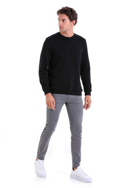 Siyah Regular Fit Düz Pamuklu Bisiklet Yaka Sweatshirt - 2