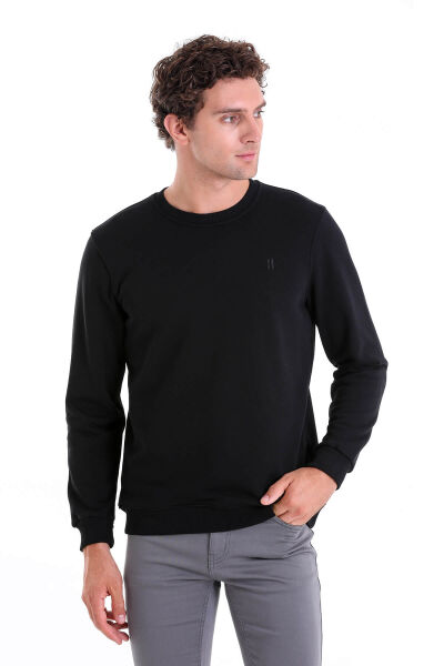 Siyah Regular Fit Düz Pamuklu Bisiklet Yaka Sweatshirt - 4