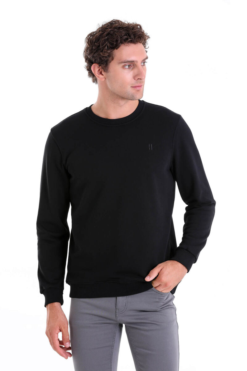Siyah Regular Fit Düz Pamuklu Bisiklet Yaka Sweatshirt - HATEMOĞLU (1)