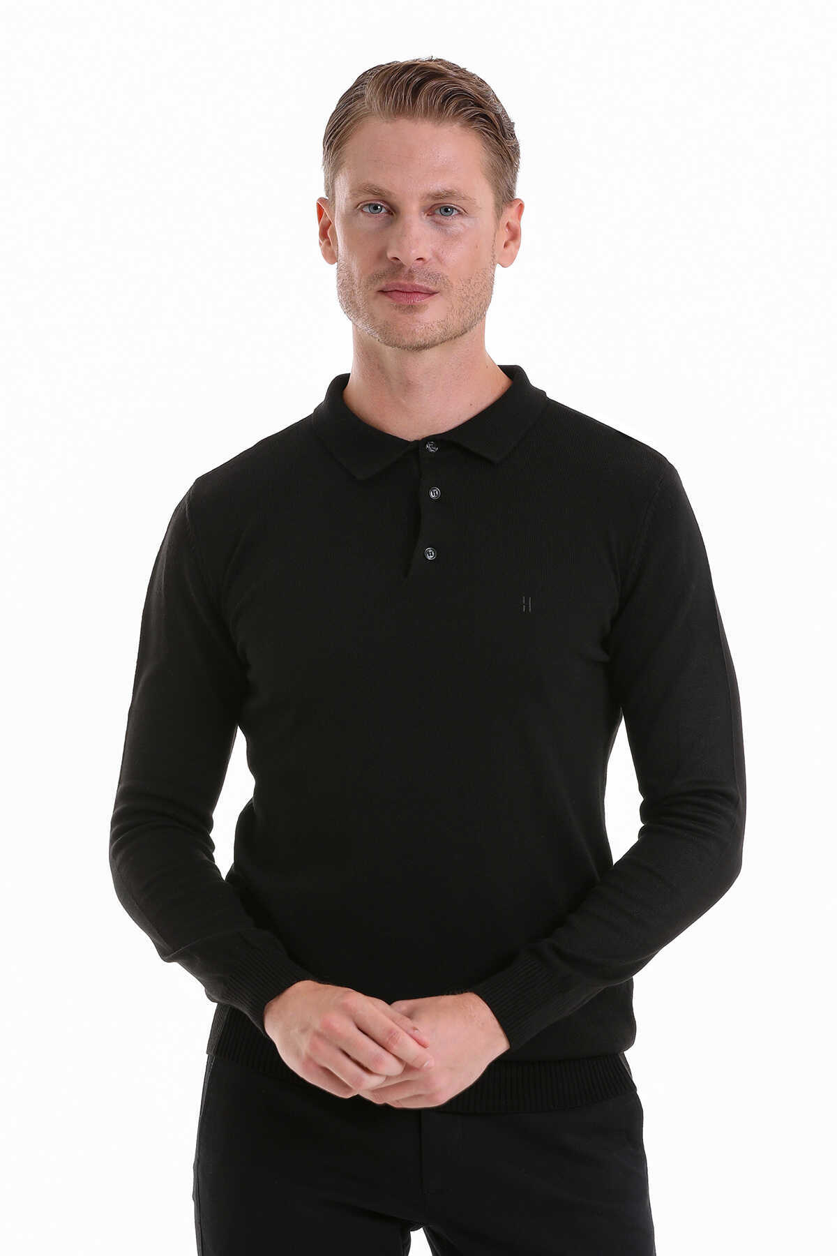 Siyah Regular Fit Düz Polo Yaka Triko Kazak - 1