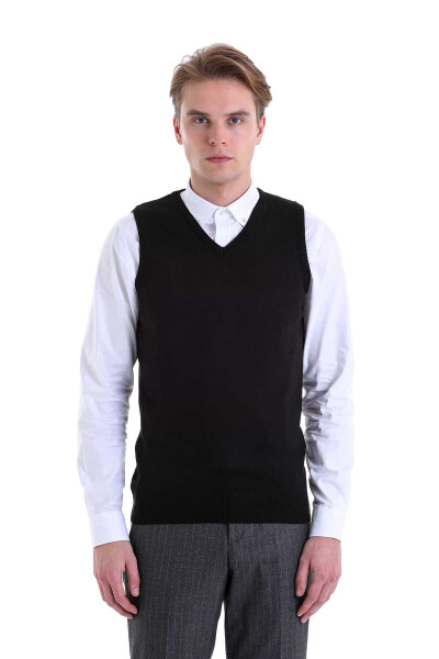 Siyah Comfort Fit V Yaka Yünlü Triko Süveter - 3