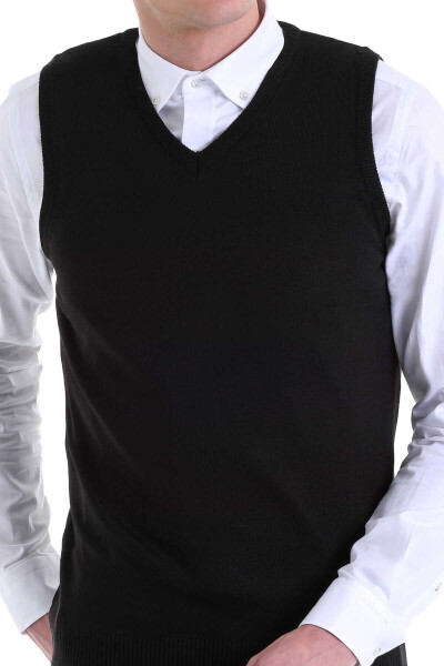 Siyah Comfort Fit V Yaka Yünlü Triko Süveter - 5