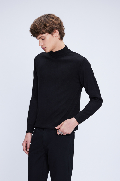 Siyah Regular Fit Düz Yarım Balıkçı Yaka Yünlü Triko Kazak - 3