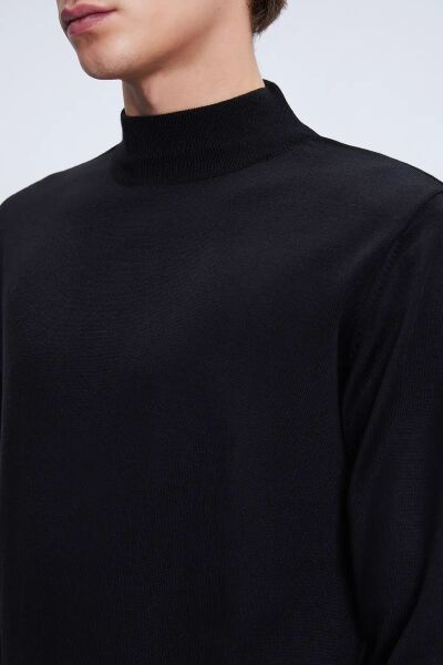 Siyah Regular Fit Düz Yarım Balıkçı Yaka Yünlü Triko Kazak - 4