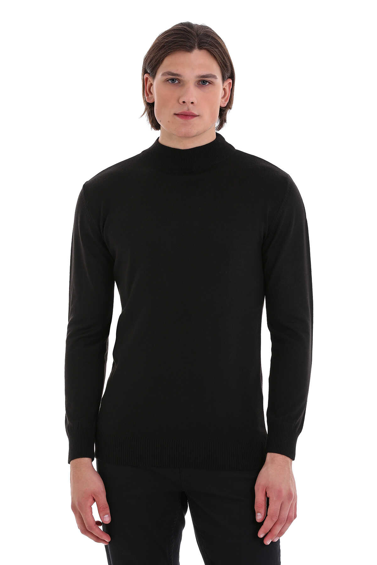 Siyah Regular Fit Yarım Balıkçı Yaka Yünlü Triko Kazak - 1