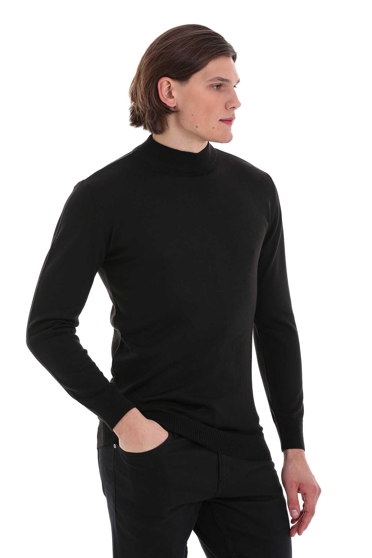 Siyah Regular Fit Yarım Balıkçı Yaka Yünlü Triko Kazak - 4