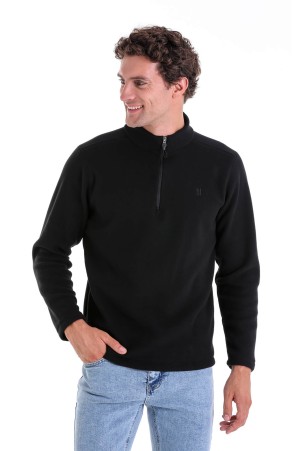 Siyah Regular Fit Düz Yarım Fermuarlı Bato Yaka Polar Sweatshirt - Thumbnail
