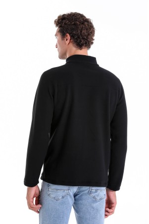Siyah Regular Fit Düz Yarım Fermuarlı Bato Yaka Polar Sweatshirt - Thumbnail