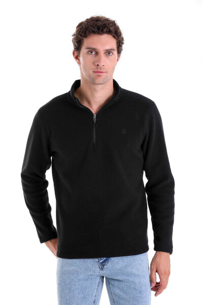 Siyah Regular Fit Tüylenme Yapmayan Soğuk Geçirmez Yarım Fermuarlı Polar Sweatshirt 